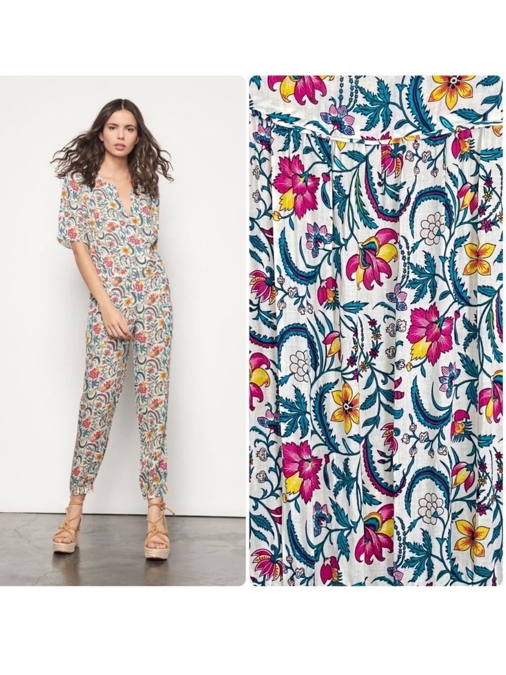Ba&sh Floral V-Neck Hollywood lady Jumpsuit 6 Ecru Feminine Pockets Cottagecore